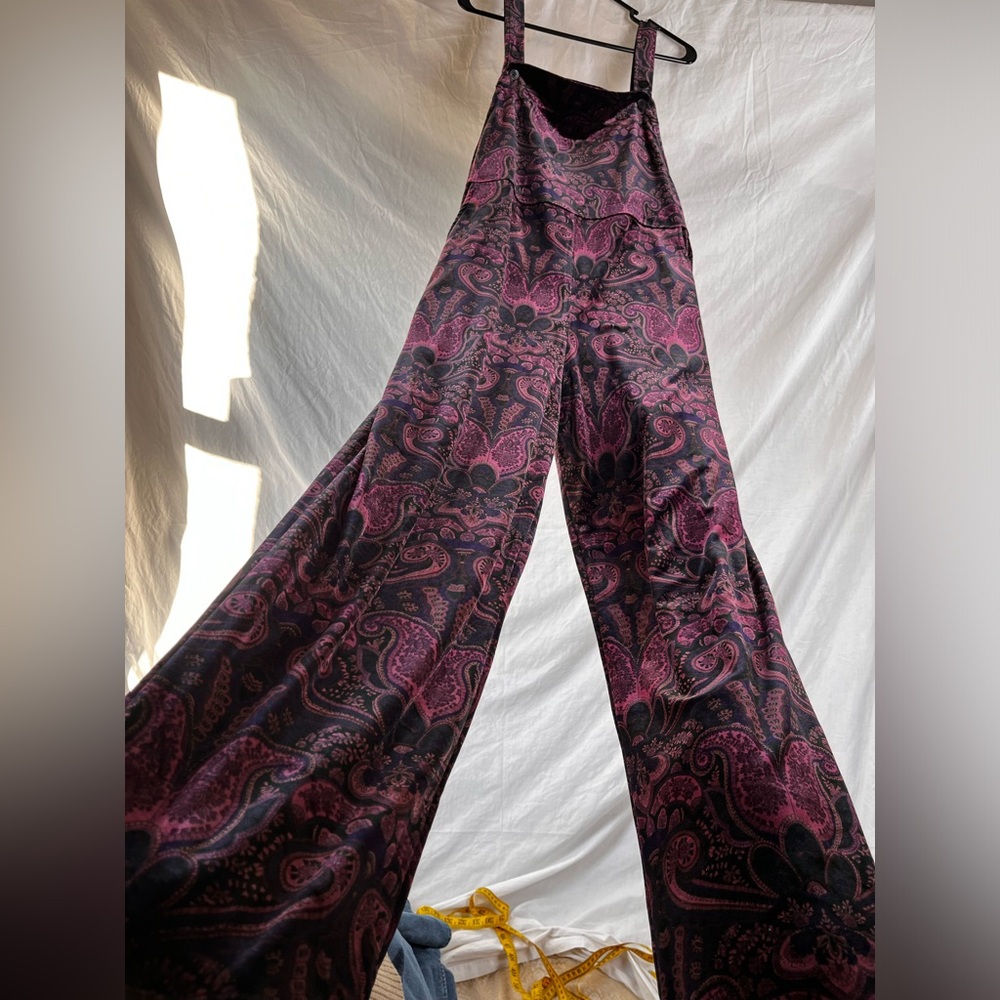 Vintage Velvet Paisley Purple Bib Overalls Coldwater Creek Women Large Jumpsuit - Picture 13 of 16